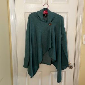 Heathered green cardigan, asymmetrical one-button closure, lightweight fleece